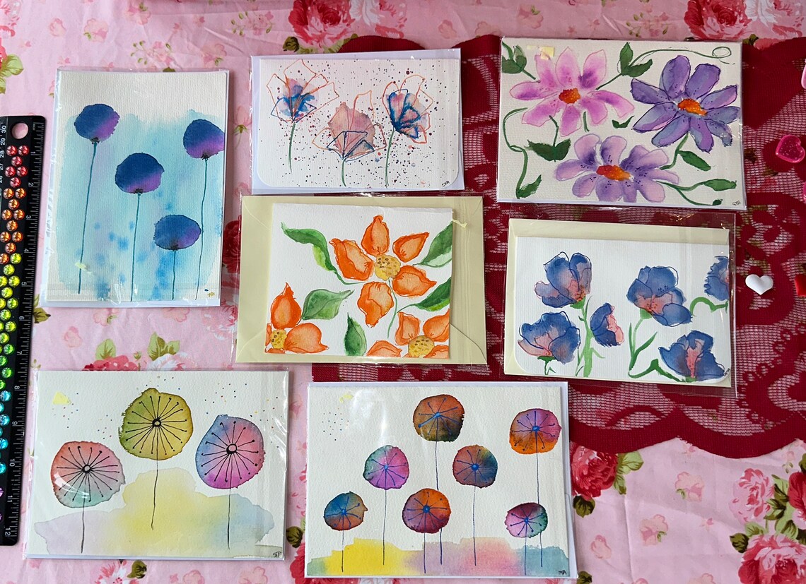 Set of 7 Floral Watercolor Painted No-fold Note Cards With Envelopes - Etsy