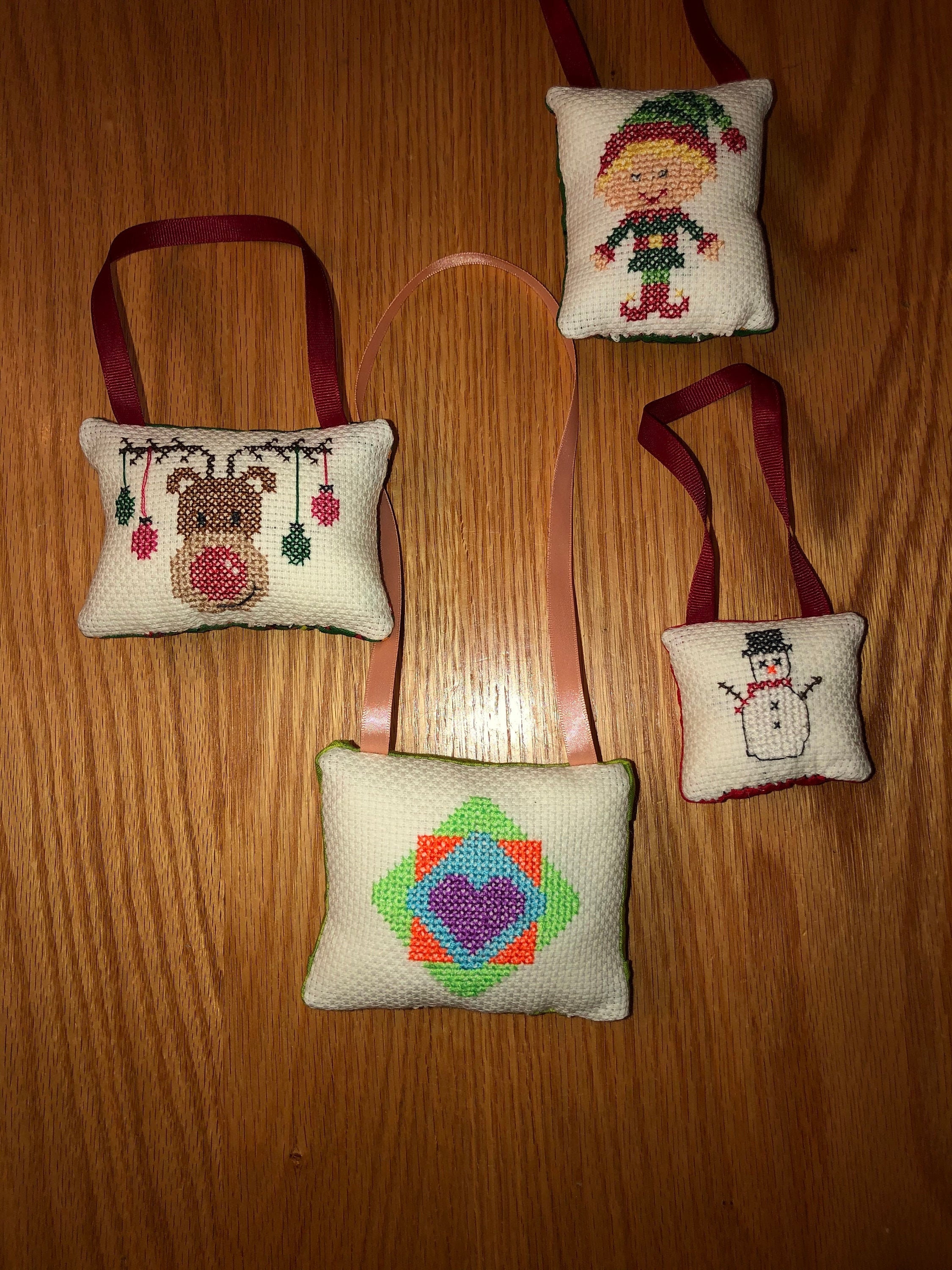 Handmade Pillowed Cross Stitched Ornaments Elf Heart Moose ...