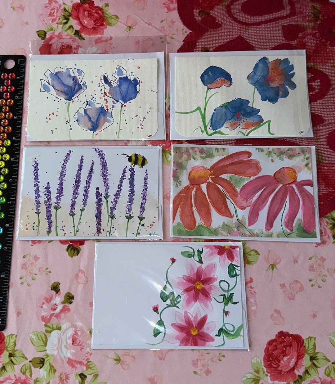 Set of 5 Hand Painted Watercolor Floral Note Cards With Envelopes - Etsy