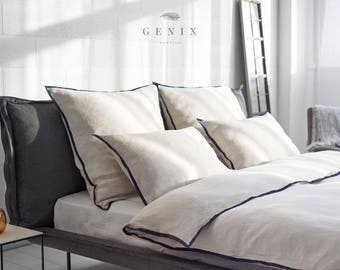 Leinen Bettbezug Abdeckung natürliche Farbe mit Marine Grenze. Diese HIRUNDO Modell von Genix Textil. Leidenschaft für Leinen!