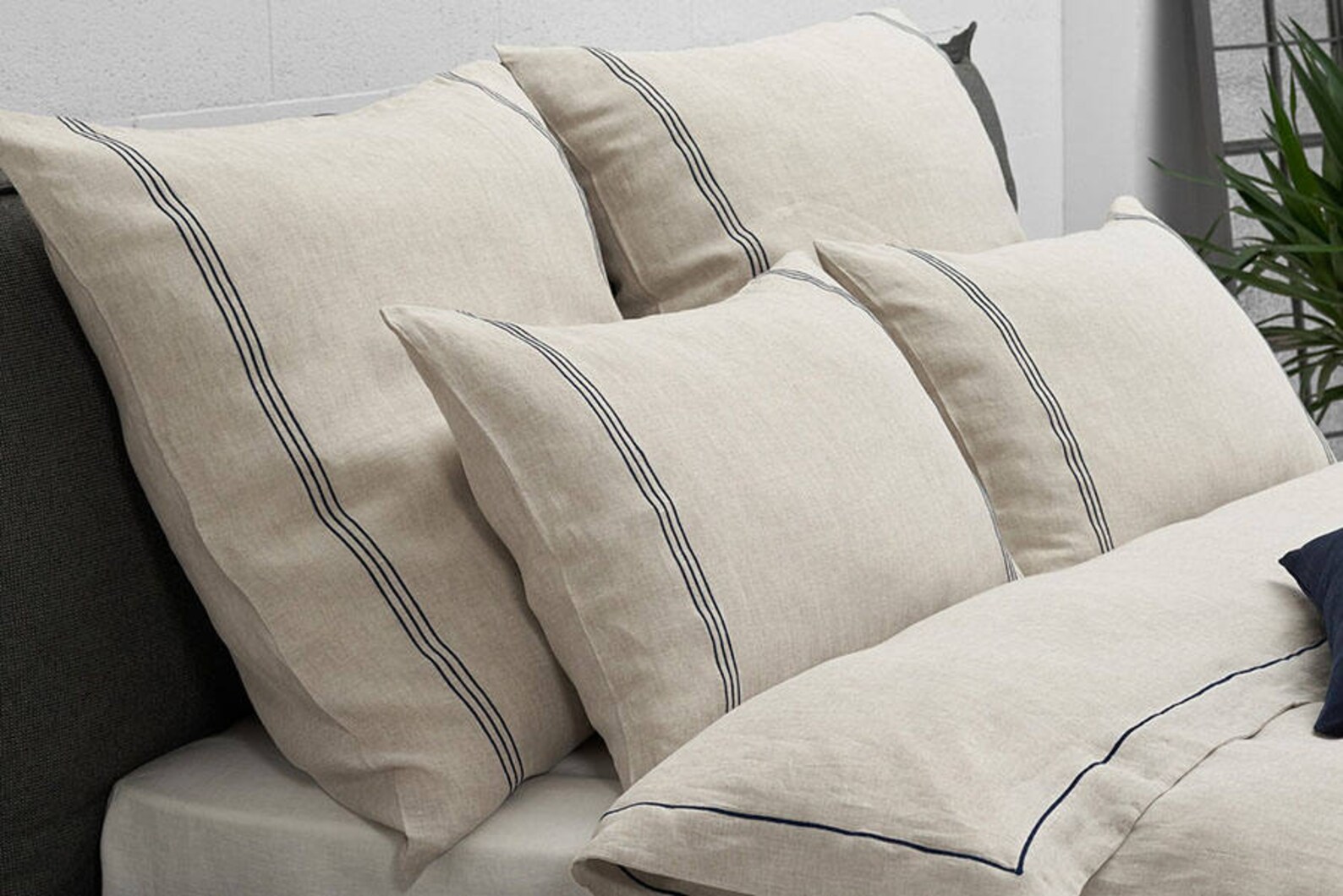 Linen Duvet Cover Natural Color With Navy Embroidered Details. Etsy