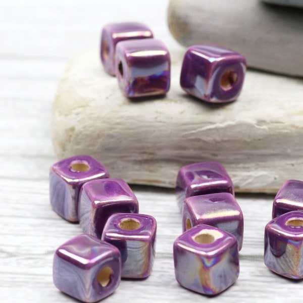 Oil Enameled Cube  bead-Beads for leather cord-Mykonos Greek Ceramic Beads-Qty 10