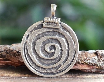 Custom Spiritual Swirl Necklace or Choker Gifts Small Silver Bronze or Copper Patina Charm Greek Pyramid Spiral Pendant on Leather Cord