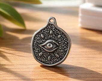 Antique Silver Eye Pendant, Boho Ethnic Charm (27mm)