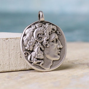 Alexander the Great pendant,3mm hole- 30mm-Mens pendants-Greek jewelry-Greek king pendant-Antique Silver-Qty 1