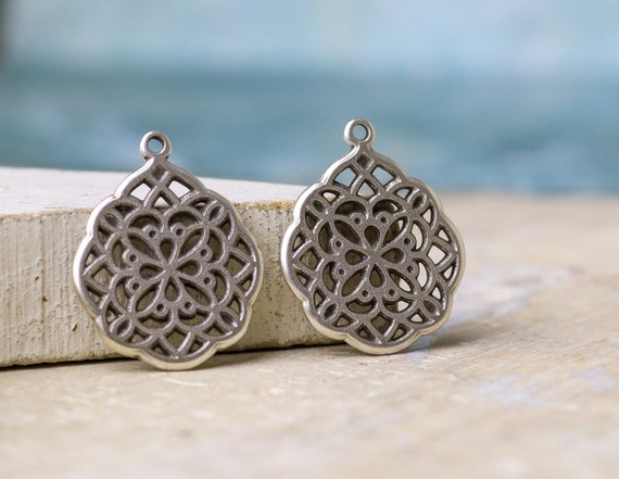 Drop Filigree Pendant, Earring Components-sterling Silver Plated