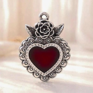 Cuore messicano Milagro - Ciondolo a forma di cuore vintage - 30 mm - ciondoli in smalto rosso - Argento antico - Quantità 1