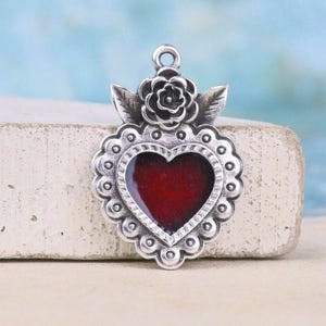 Mexican Heart Milagro -Vintage Heart Pendant -30mm- red enamel charms-Antique Silver-Qty 1