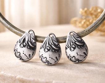 Antiqued Pewter Teardrop Charms, TierraCast Jardin Flora, 19mm, Qty 2