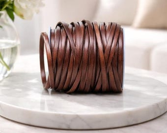 Cordoncino piatto in pelle marrone da 5 mm - Pelle spagnola, 1 metro