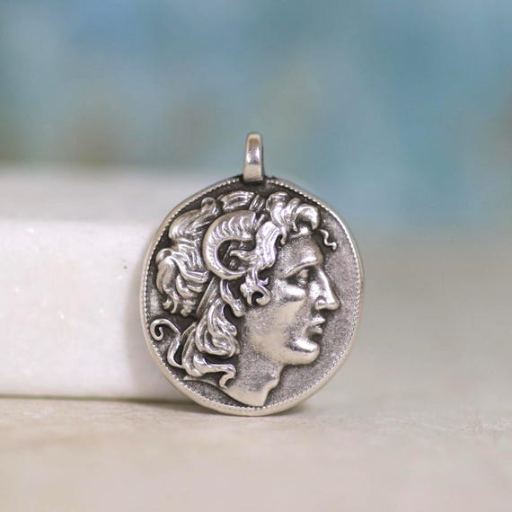 Antique Silver Alexander the Great Pendant, Greek Jewelry (30mm)