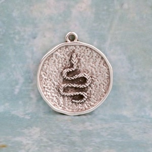 May include: Silver charm with a textured circular design featuring a coiled snake in the center.