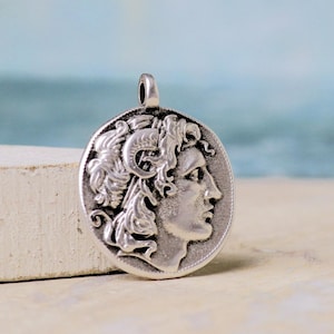 Alexander the Great pendant,3mm hole- 30mm-Mens pendants-Greek jewelry-Greek king pendant-Antique Silver-Qty 1