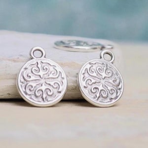 10pcs-Bohemian Small Round Pendant-Antique Silver-Tribal Boho Charms-Ethnic Earring charms-Findings-Qty 10