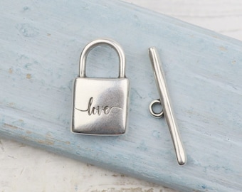Love padlock toggle clasp pendant-22mm-Good Luck charms-Sterling silver plated-Qty 1 set