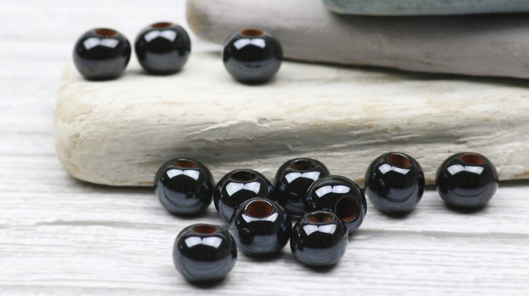 Black Ceramic Ball Beadsenameled Round Beads Glazed Etsy