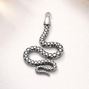Könnte beinhalten: Ein silberfarbener Schlangenanhänger aus Metall mit einem strukturierten Rautenmuster auf dem Körper. Die Schlange ist in einer gewundenen S-Form dargestellt und verfügt über eine kleine kreisförmige Öse an der Oberseite zur Befestigung.