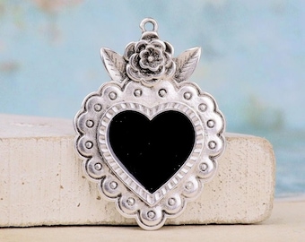Heart Milagro -Vintage Heart Pendant -40mm- Black enamel-Antique Silver-Qty 1