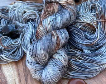 Woodsmoke-MADE TO ORDER-hand dyed-superwash merino/nylon-knitting-crochet-gray-brown-speckled-sock/dk/worsted-winter yarn-indie dyed