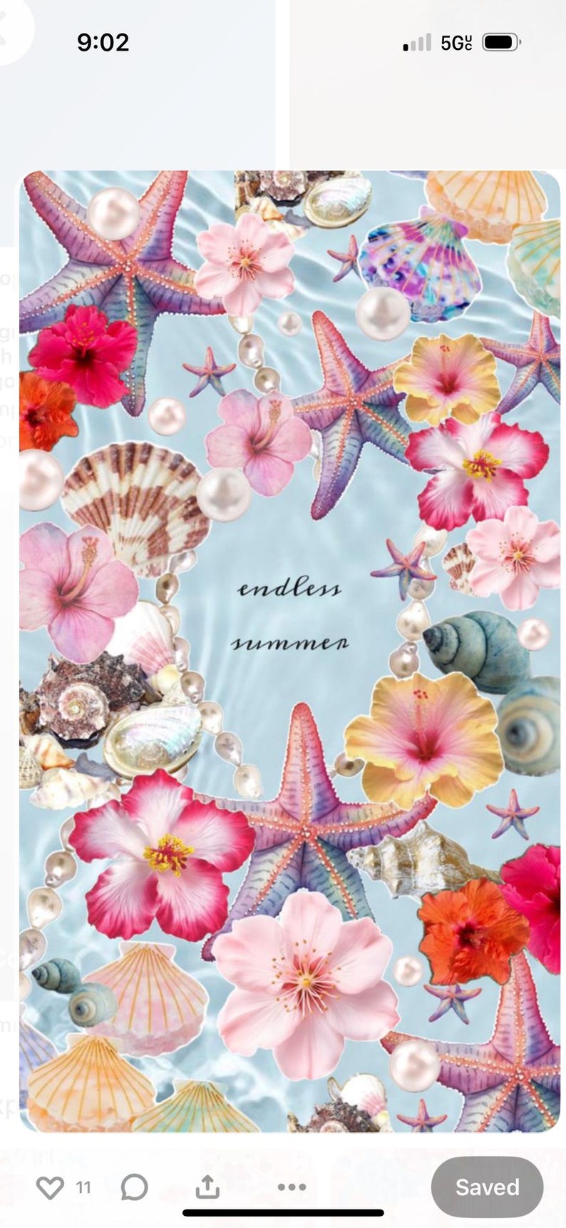 May include: A vibrant, summery design featuring starfish, seashells, and hibiscus flowers in shades of pink, red, and yellow, with the words "endless summer" on a light blue background. Pearls and small starfish add to the beachy theme.