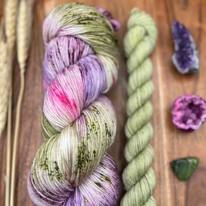 Enchanted-sock set-hand dyed-superwash merino/nylon-blush pink-purple-green-gold sparkle-spring yarn-indie dyed-gift yarn.