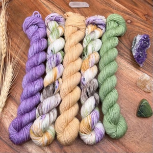 Herbology-hand dyed-superwash merino-yarn-indie dyed-knitting-crochet-wool-mini skein set-green-purple-spring-gift