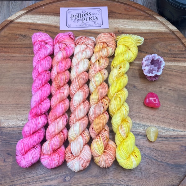 pink lemonade-mini skein set-hand dyed yarn-superwash merino-nylon-pink-yellow-speckled-fade-summer-indie dyed-wool-gift set-ooak.