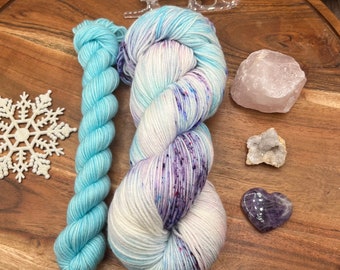 Frosted-hand dyed-superwash merino/nylon-Christmas-winter-pastel-blue-purple-white-speckled-sock set-wool-yarn-gift.