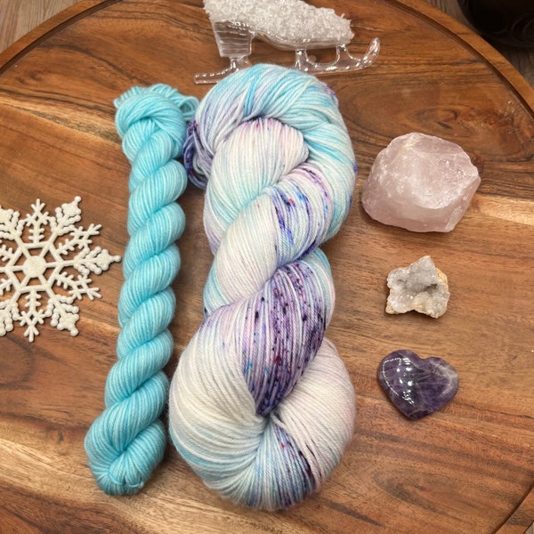 Frosted-hand dyed-superwash merino/nylon-Christmas-winter-pastel-blue-purple-white-speckled-sock set-wool-yarn-gift.