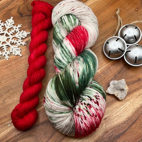 Merry and Bright-hand dyed-Christmas-red-green-white-speckled-superwash merino/nylon-yarn-sock set-knitting-crochet-holiday-gift.