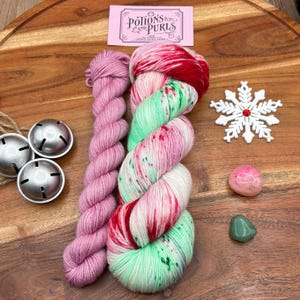 Pink Peppermint-sock set-hand dyed yarn-superwash merino-nylon-pink-mint green-speckled-Christmas-knitting-crochet-indie dyed-wool-gift set.