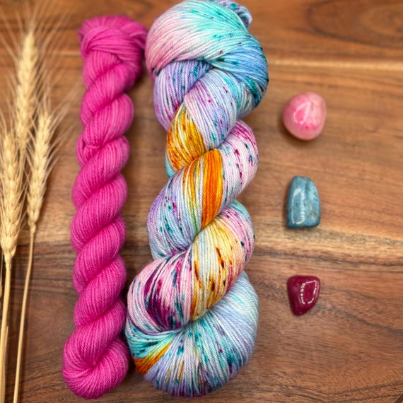 Endless Summer-hand dyed yarn-sock set- superwash merino-nylon-extra fine-blue-pink-orange-lilac-speckled-knitting-crochet-indie wool-gift
