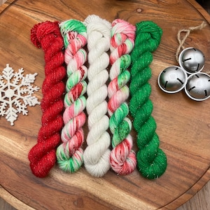 Candy Cane Wishes-hand dyed-superwash merino-nylon-red-green-christmas-mini skein-yarn-gift.