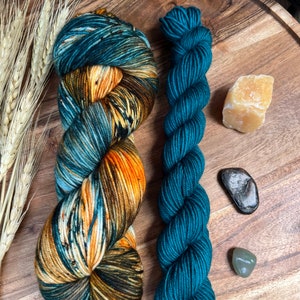 Fall Romance sock set-Autumn-Fall yarn-hand dyed-knitting-crochet-teal green-spruce-orange-brown-sock yarn