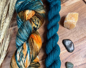 Fall Romance sock set-Autumn-Fall yarn-hand dyed-knitting-crochet-teal green-spruce-orange-brown-sock yarn