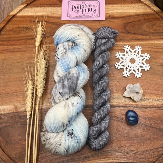 Snowy Owl-hand dyed yarn-superwash merino-blue-white-gray-brown-speckled-variegated-knitting-crochet-winter-indie-wool-sock set-gift.