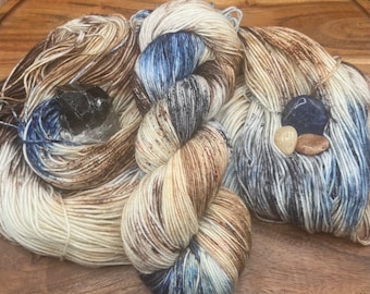 Campfire Smores-hand dyed yarn-superwash merino-nylon-blue-brown-tan-speckled-summer-fingering/sock-dk-worsted-indie dyed-yarn-wool-gift