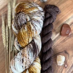 Hello Brewtiful sock set-hand dyed-superwash merino/nylon-knitting-crochet-brown-cream-speckled-fingering weight-sock yarn-indie dyed.