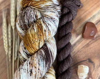 Hello Brewtiful sock set-hand dyed-superwash merino/nylon-knitting-crochet-brown-cream-speckled-fingering weight-sock yarn-indie dyed.