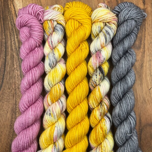 Queen Bee mini skein set-hand dyed-superwash merino/nylon-yellow-gray-pink-knitting-crochet-sock yarn-mini set-indie dyed-gift yarn.