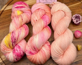 Dancing Dahlias shawl set-3 skein-85/15-superwash merino-nylon-spring-summer-peach-pink-floral-knitting-crochet-hand dyed yarn-gift set.
