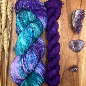 Mystic Moon sock set-hand dyed-superwash merino/nylon-purple-teal-speckled-knitting-crochet-sock yarn-indie dyed-gift yarn.