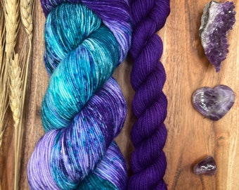 Mystic Moon sock set-hand dyed-superwash merino/nylon-purple-teal-speckled-knitting-crochet-sock yarn-indie dyed-gift yarn.