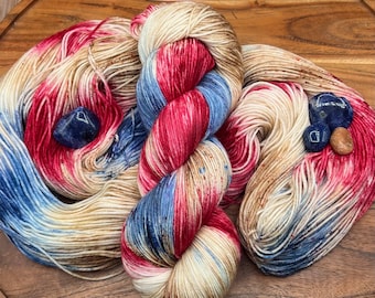 Americana-hand dyed yarn-superwash merino-nylon-red-tan-blue-speckled-summer-patriotic-sock-dk-worsted-indie dyed-wool-gift.
