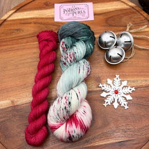 Holly Berry-hand dyed yarn-sock set-superwash merino-nylon-Green-red-white-speckled-Christmas-knitting-crochet-indie-wool-gift
