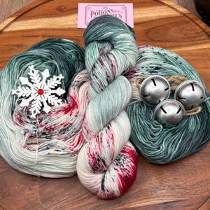 Holly Berry-hand dyed yarn-superwash merino-nylon-sock-dk-worsted-Green-red-white-speckled-Christmas-knitting-crochet-indie-wool-gift