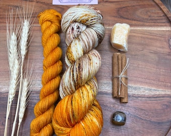Pumpkin Spice Latte- hand dyed yarn-sock set-superwash merino-nylon-pumpkin-brown-tan-speckled-autumn-fall-knitting-crochet-indie-wool-gift