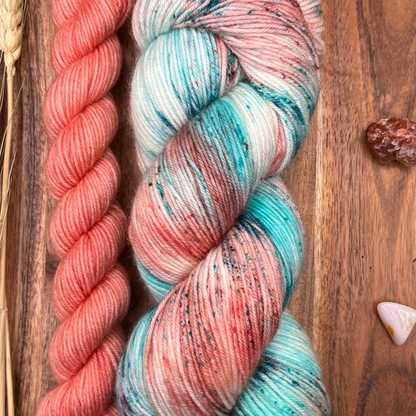 Peach Party sock set-hand dyed-superwash merino/nylon-speckled-peach-aqua-knitting-crochet-sock yarn-indie dyed-gift yarn