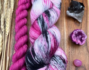 Love Potion-sock set-hand dyed-superwash merino/nylon-pink-black-knitting-crochet-speckled-sock yarn-indie dyed-gift yarn-