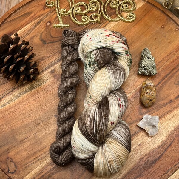 Joyeux Noel-hand dyed-superwash merino/nylon-brown-tan-speckled-gold sparkle-christmas-holiday-sock set-knitting-crochet-wool-yarn-gift.